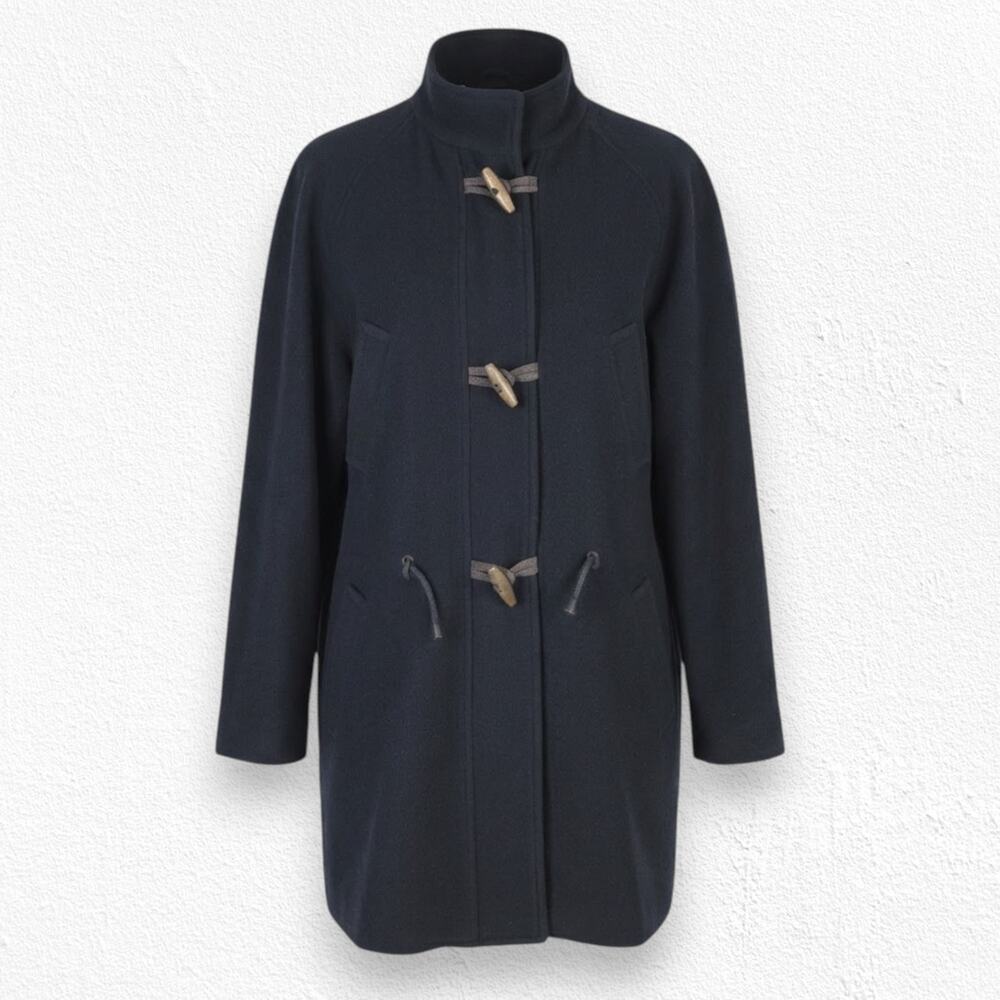 90s Vintage Black Wool Blend Toggle Closure Leather Trim Overcoat Size Medium